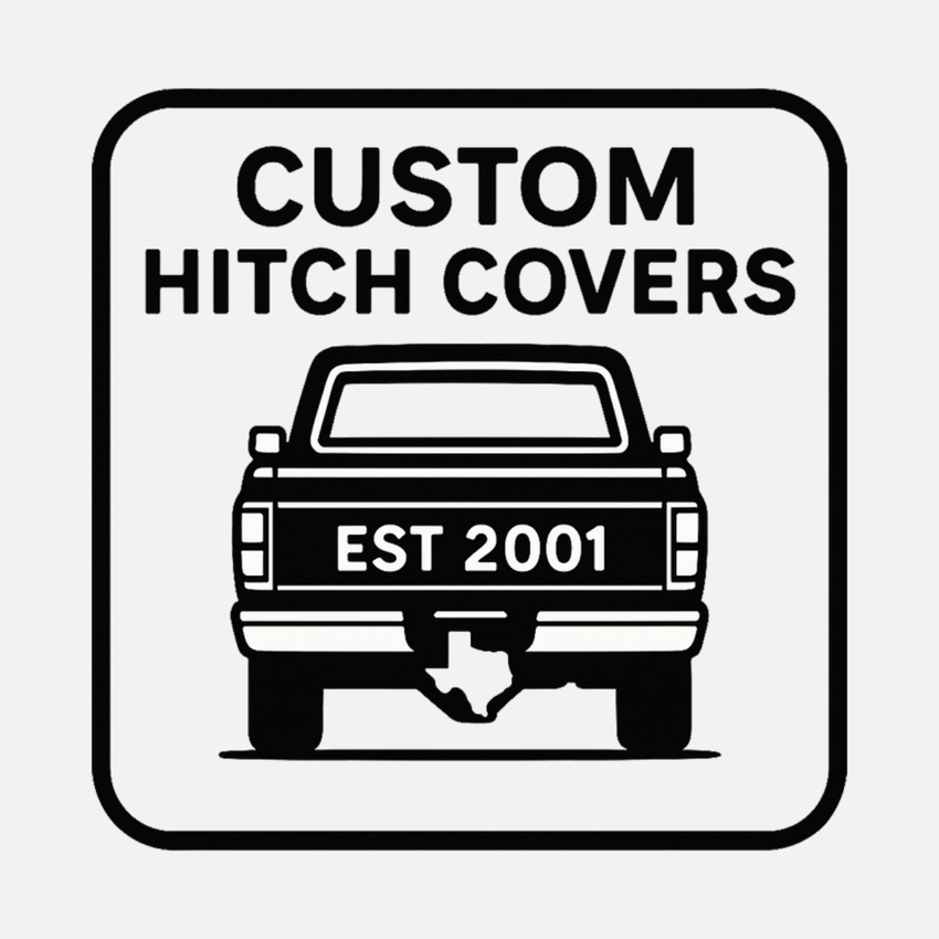 Logo for custom hitch covers with a truck illustration and 'EST 2001' text on a white background.