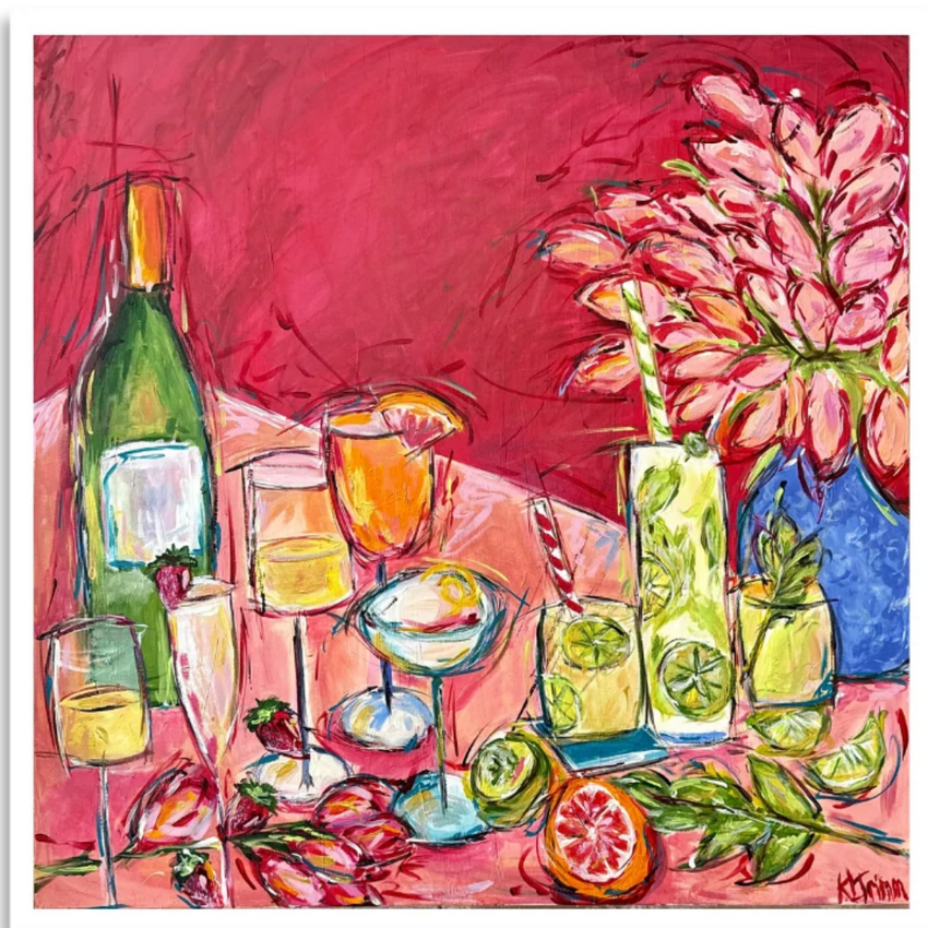 A colorful still life painting featuring a green wine bottle, glasses of white and orange cocktails, limes, strawberries, and pink flowers against a vivid pink and red background.
