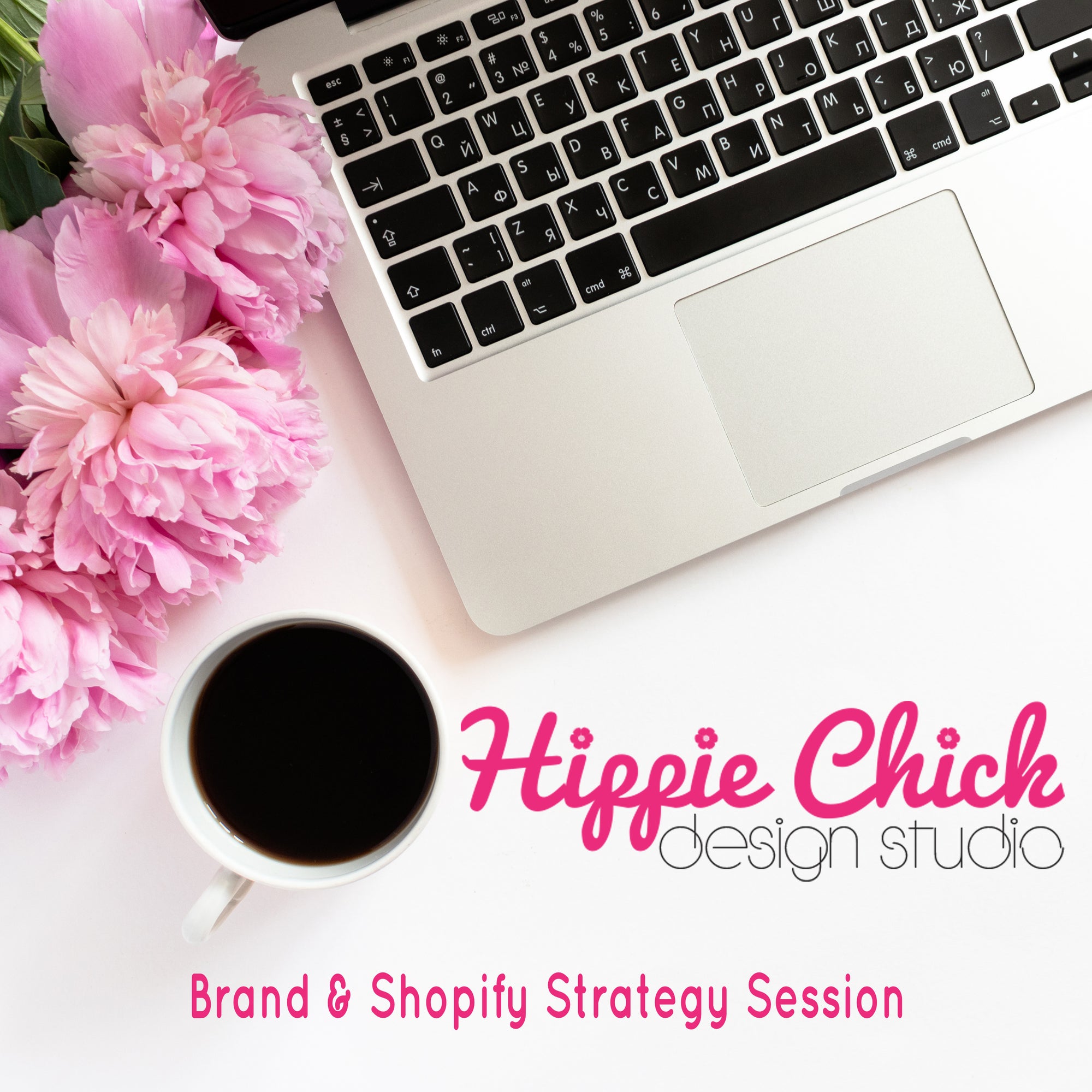 Laptop with pink flowers and a cup of coffee on a white surface, featuring 'Hippie Chick Design Studio' branding.
