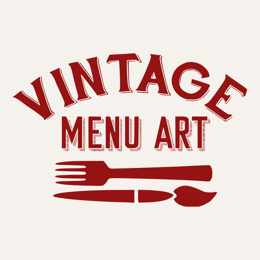 Vintage menu art design with 'VINTAGE MENU ART' text and a fork and knife icon on a white background.