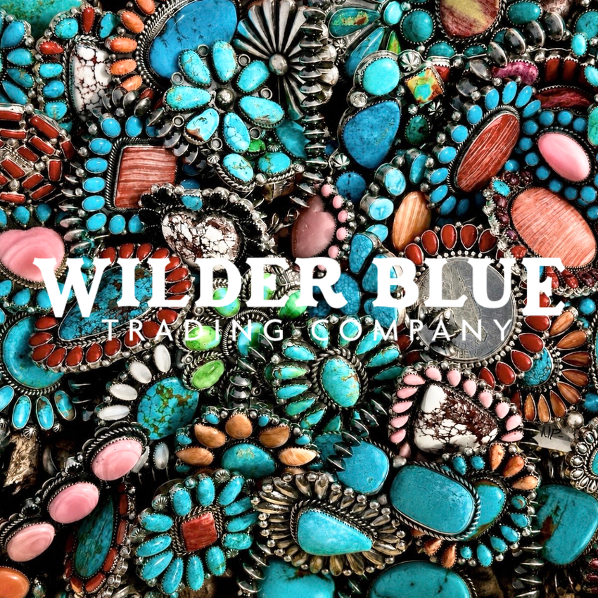 Colorful jewelry stones with 'Wilder Blue Trading Company' text overlay