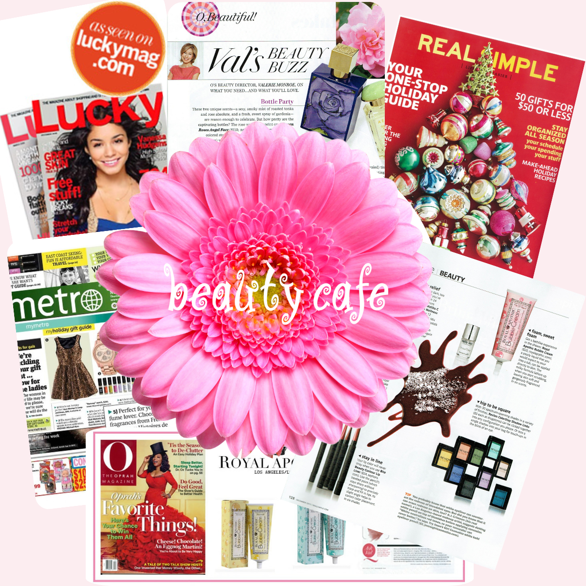 Collage of magazine covers with a pink flower in the center, featuring 'beauty cafe' branding.